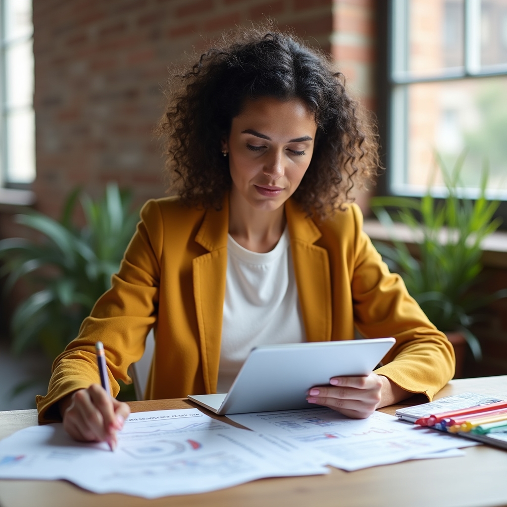 Artista freelance al lavoro con tablet e documenti finanziari