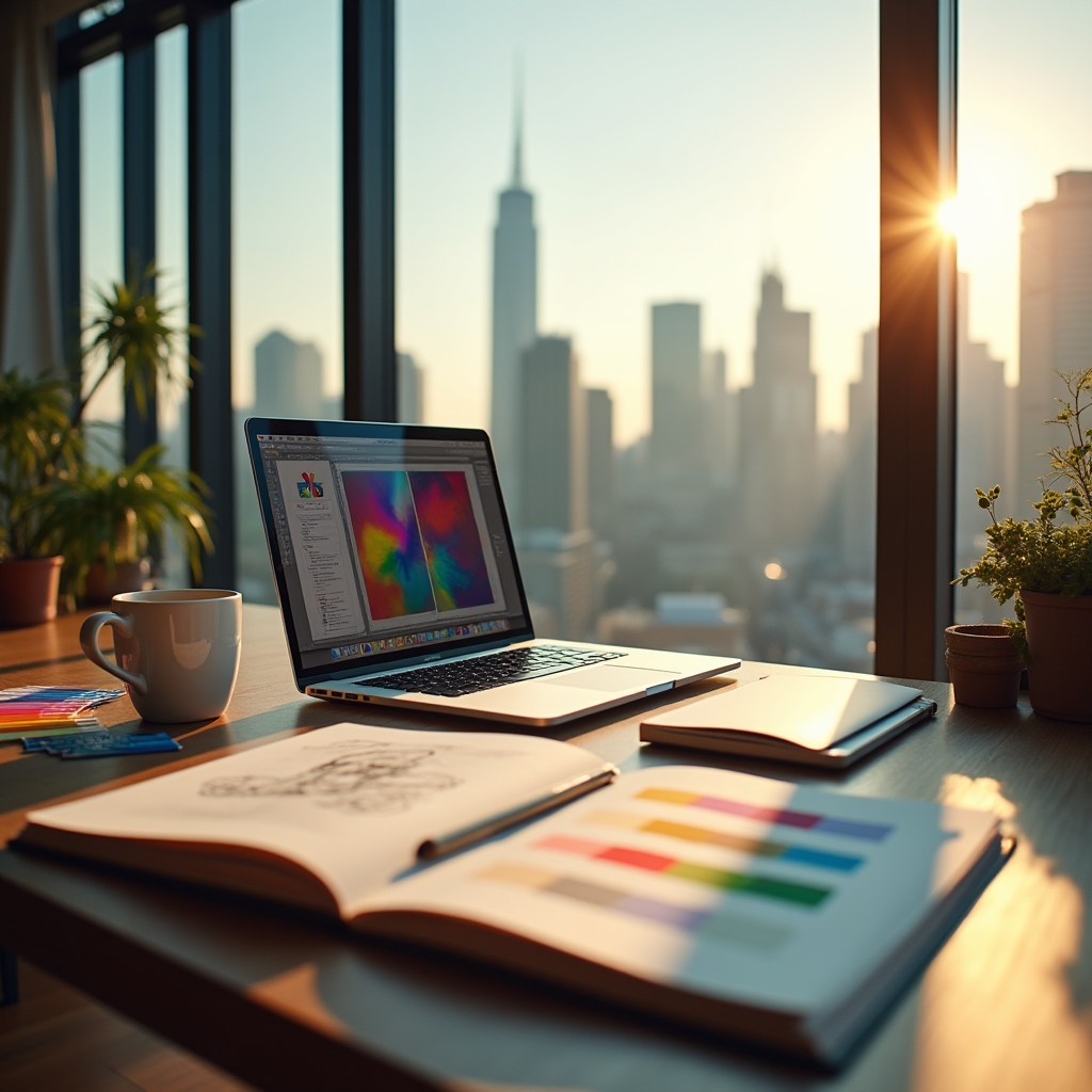 Spazio di lavoro creativo con notebook e materiali artistici