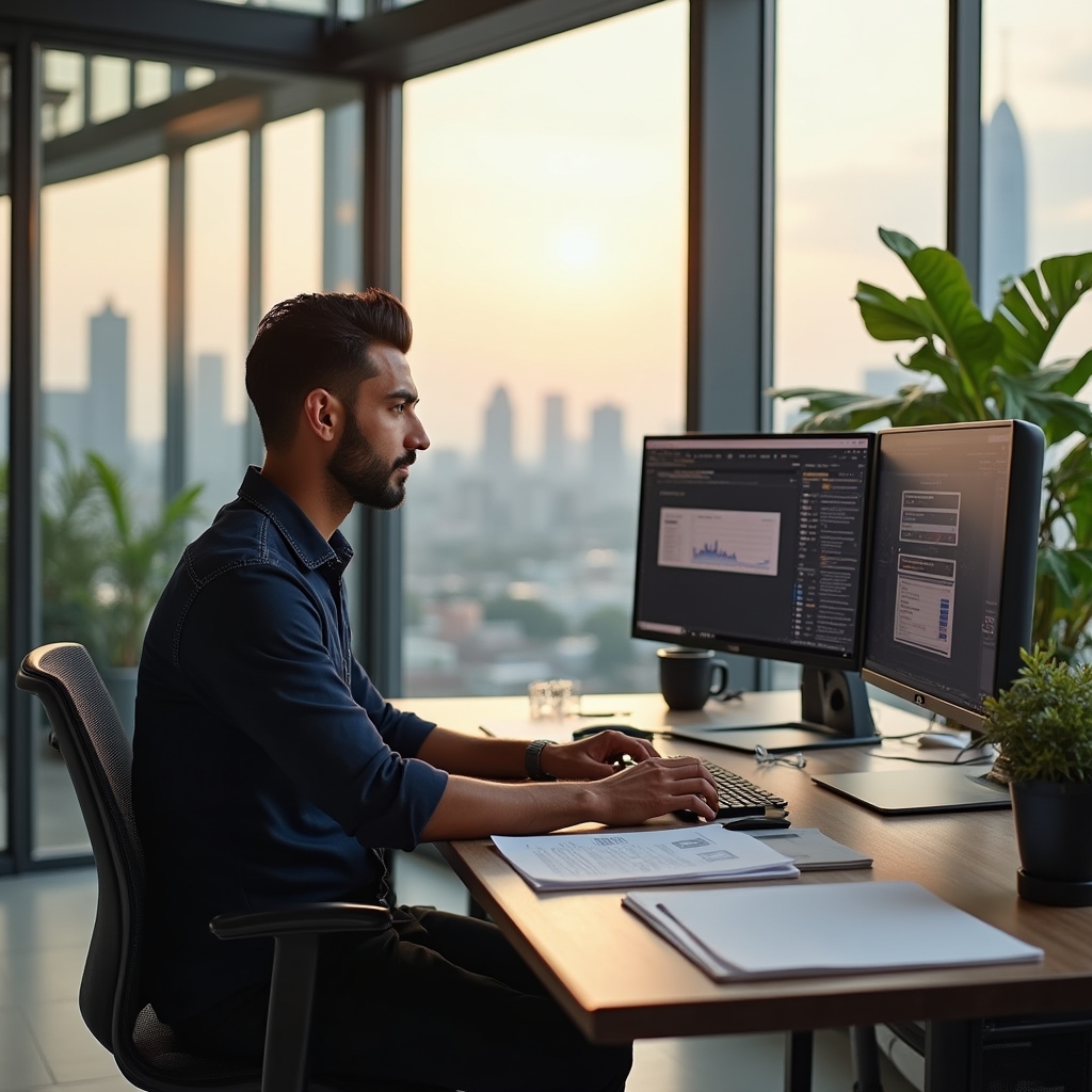 Professionista creativo che studia guide finanziarie su laptop in studio moderno