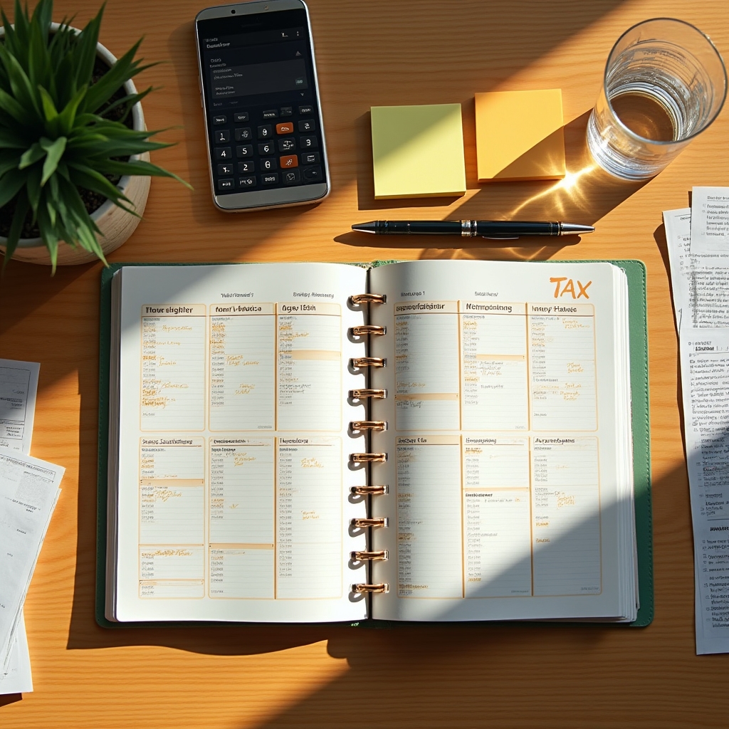 Pianificazione fiscale su scrivania con documenti e calcolatrice